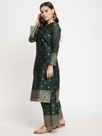 Ahalyaa Dark Green Gold Print Kurta Palazzo Set With Dupatta