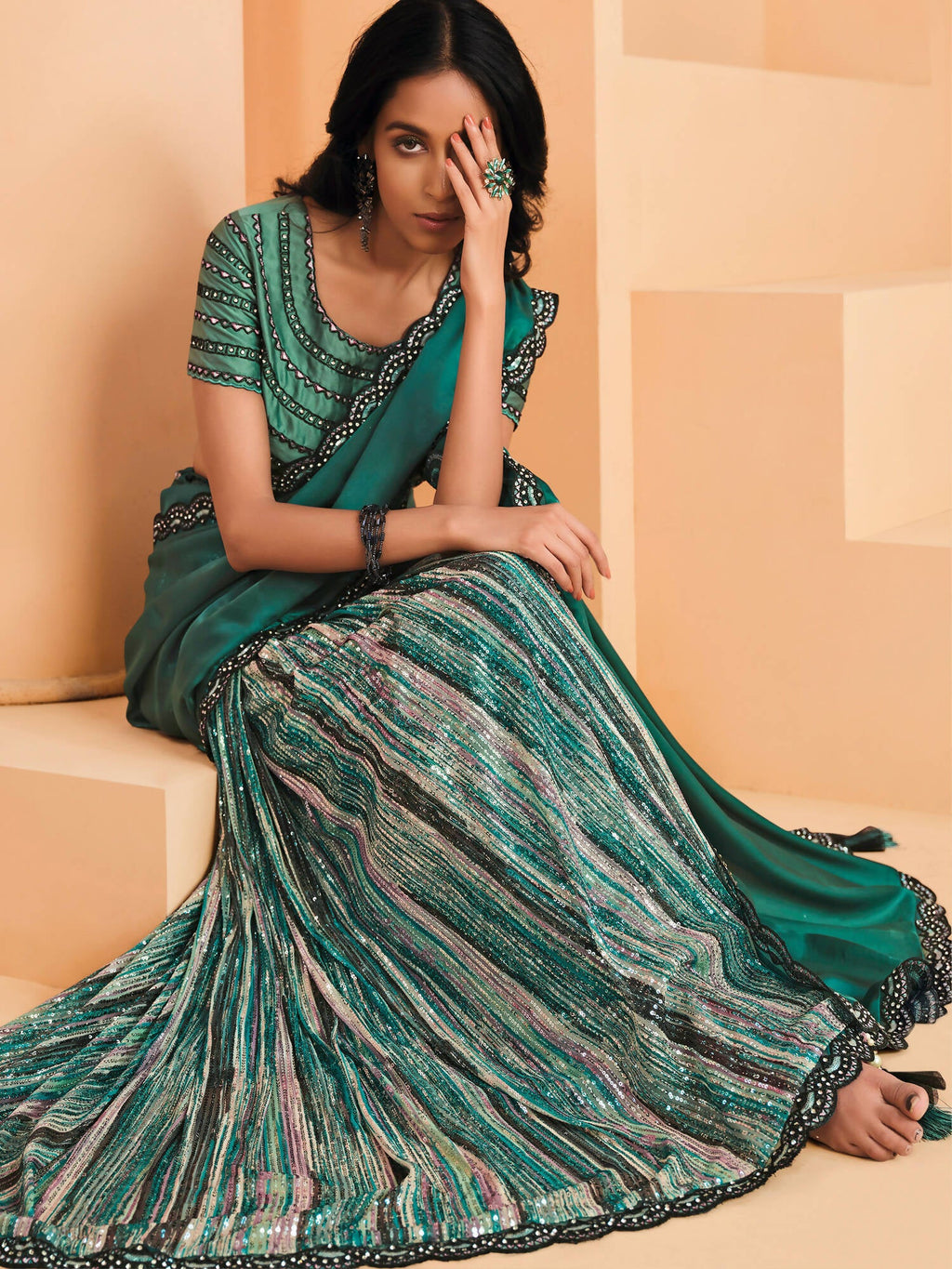 Sea Green Satin Crepe Silk Sequence Embroidered Saree With Unstitched Blouse - Mohmanthan Yavanika