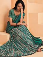 Sea Green Satin Crepe Silk Sequence Embroidered Saree With Unstitched Blouse - Mohmanthan Yavanika