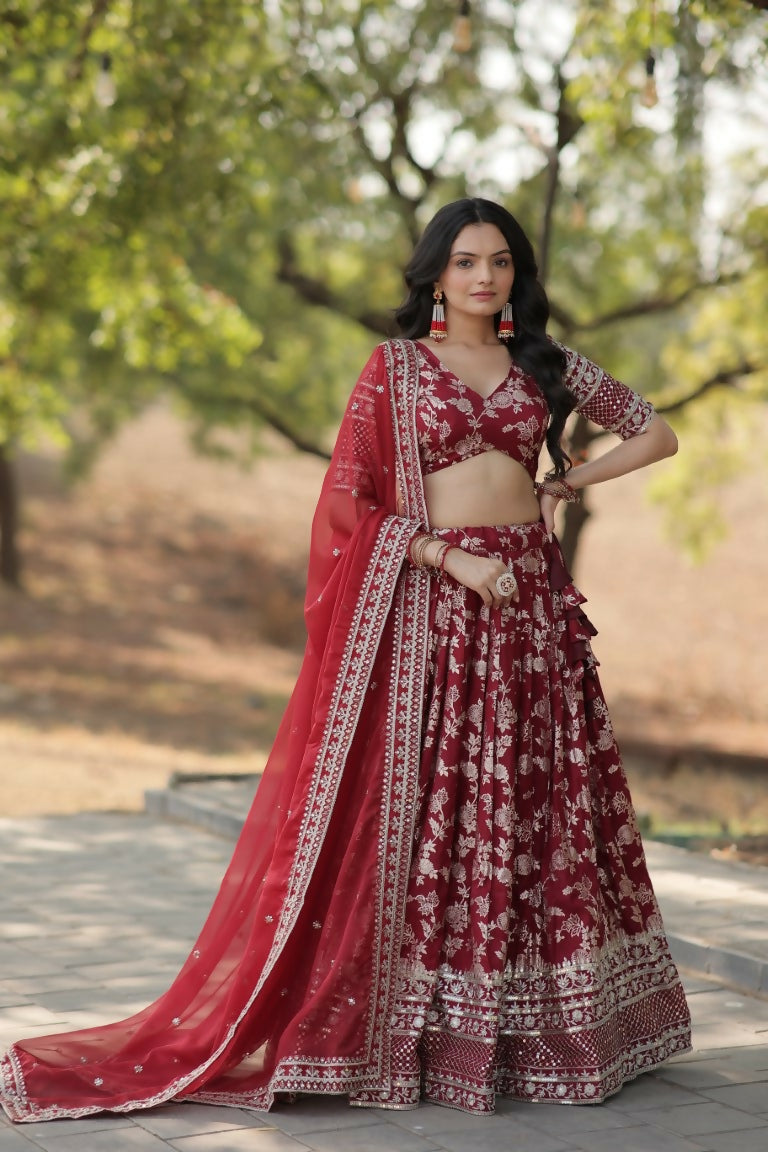 Vastranavya Designer Dyeable Pure Viscose Jacquard Fabric Lehenga Choli & Dupatta Set - Maroon
