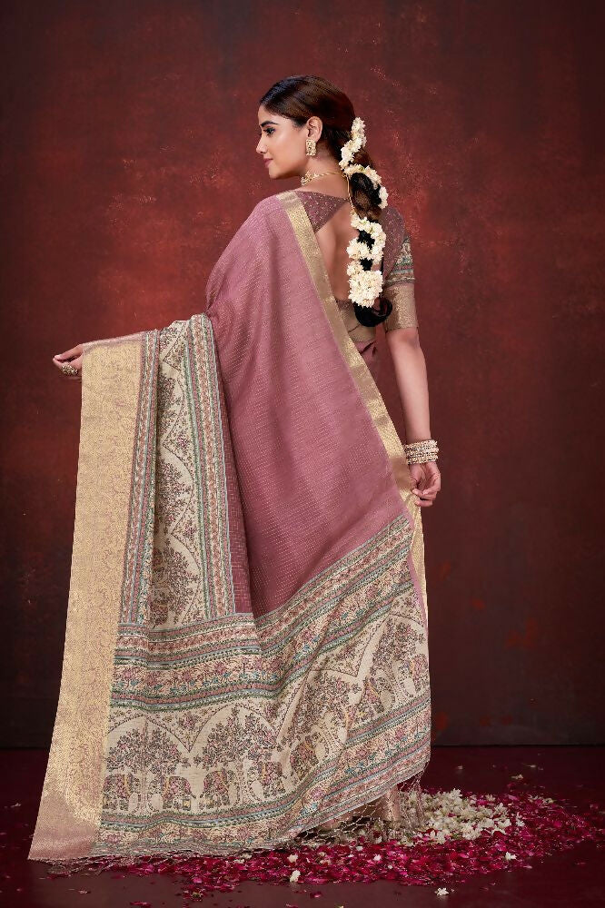 Pink Poly Habotai Silk Foil Print Saree with Unstitched Blouse - Kathari