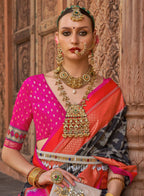 Black Silk Abstract Printed Saree With Unstitched Blouse Piece - Aanchal