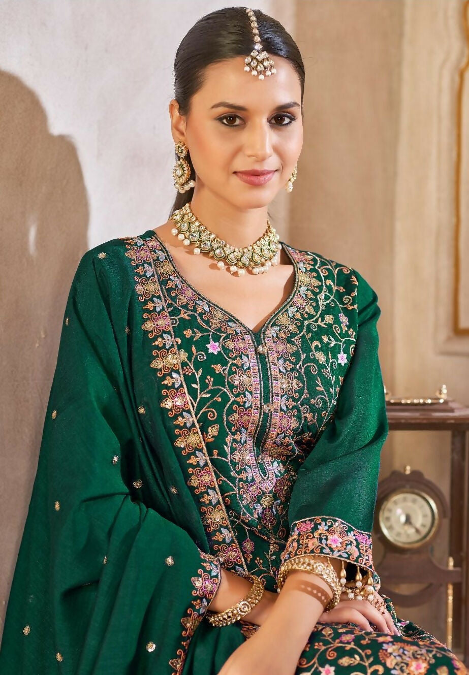 Anaita Green Vichitra Silk Readymade Suit with Embroidery & Lace Work - Distacart