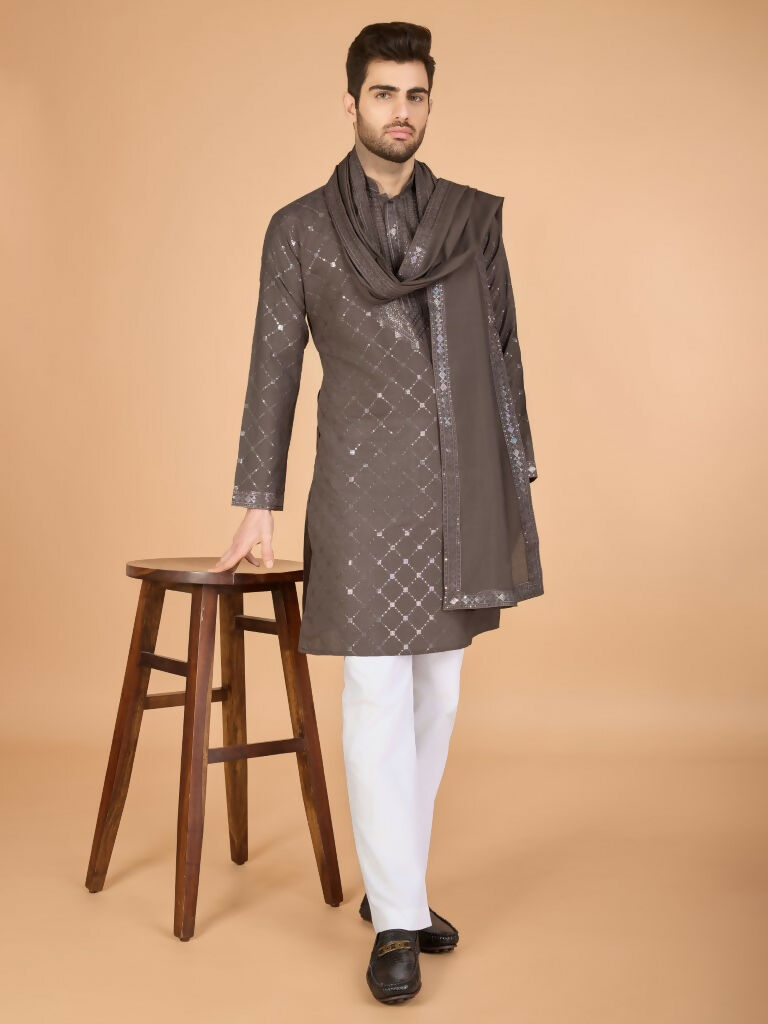 Vastranavya Brown Exclusive Festival Wear Viscose Silk Thread & Sequence Embroidered Work Kurta with Dupatta