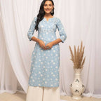 FIORRA Women's Floral Printed Sky Blue Cotton Straight Kurta