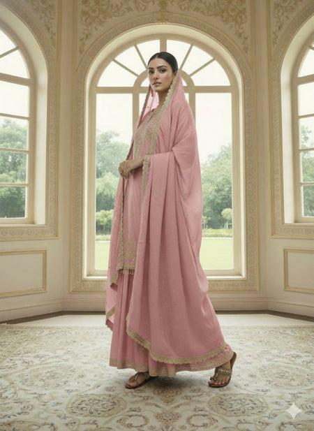 Teeya Creation Peach Color Chinnon Silk Embroidery Work Wedding Wear Salwar Suit