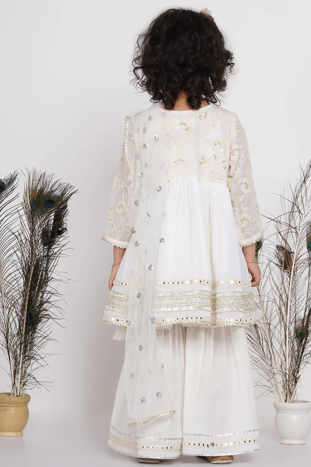 Little Bansi Girls Cotton Floral Embroidery & Lacework Kurta with Sharara & Dupatta - White