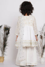 Little Bansi Girls Cotton Floral Embroidery & Lacework Kurta with Sharara & Dupatta - White