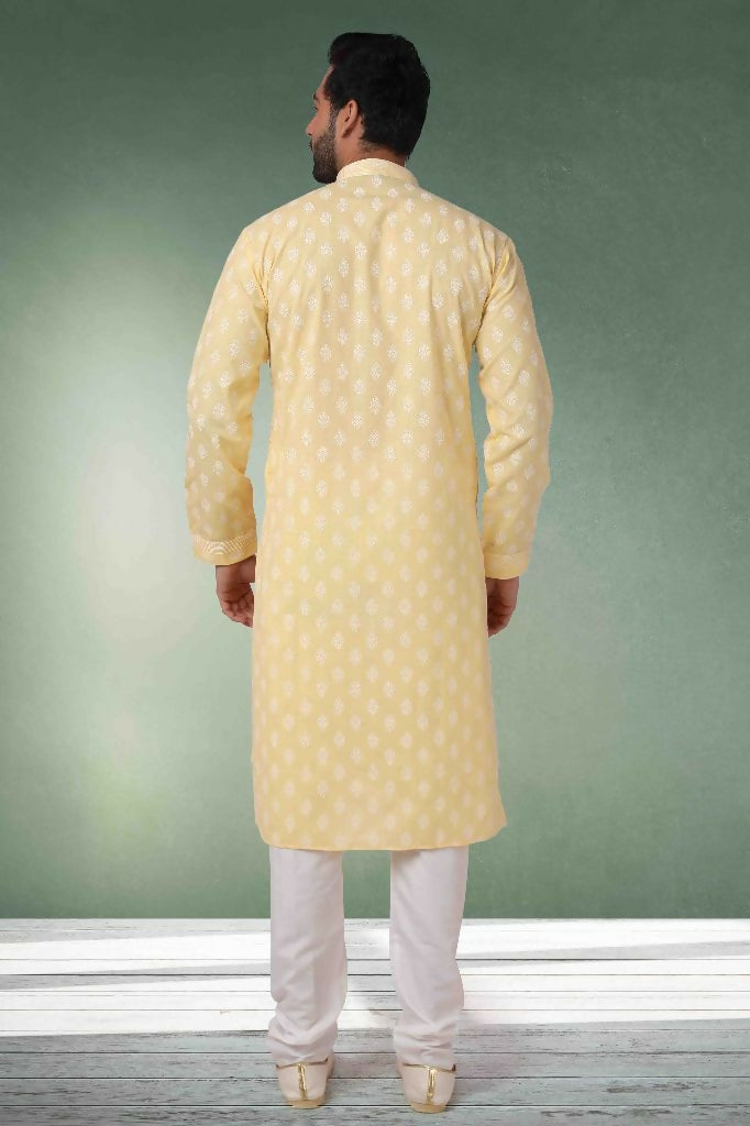 Raivat Ethnic Cotton Printed Work Kurta Pajama In Lemon Yellow Colour