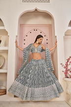 Aastha Fashion Gray Butterfly Net White Cotton Thread Work, Zari Work And Sandwich Sequence Work Embroidery Wedding Wear Lehenga Choli