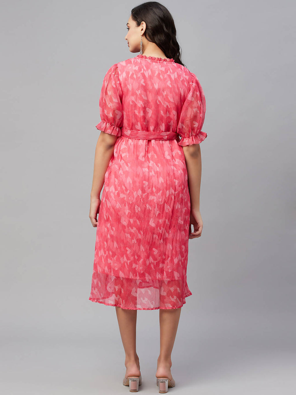 Myshka Women Pink Printed Half Sleeve Round Dress - Distacart