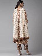 Yufta Brown & Off White Floral Print Kurta with Trousers and Dupatta Set
