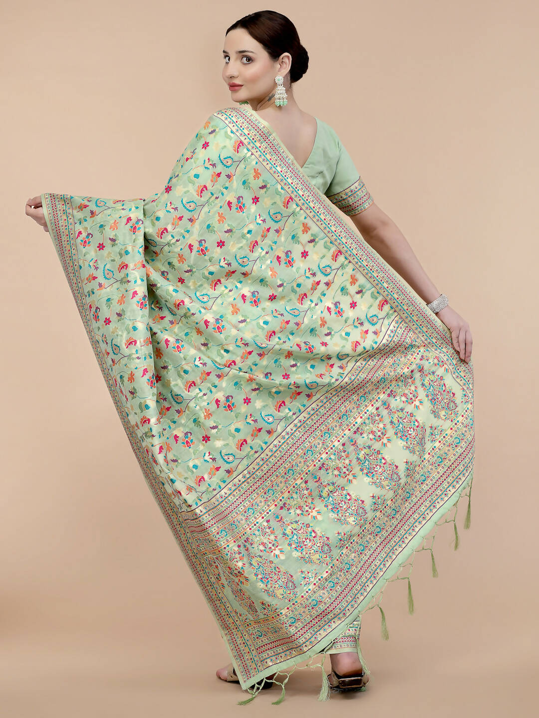 Sea Green Silk Blend Woven Design Saree With Unstitched Blouse Piece - Aloki