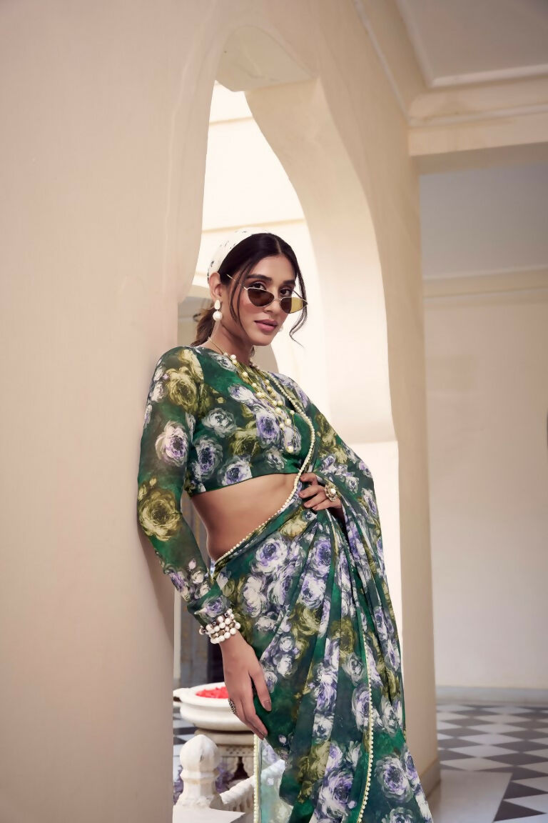 Vastranavya Green Weightless Marble Printed & Pearl Lace Border Saree with Unstitched Blouse