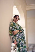 Vastranavya Green Weightless Marble Printed & Pearl Lace Border Saree with Unstitched Blouse