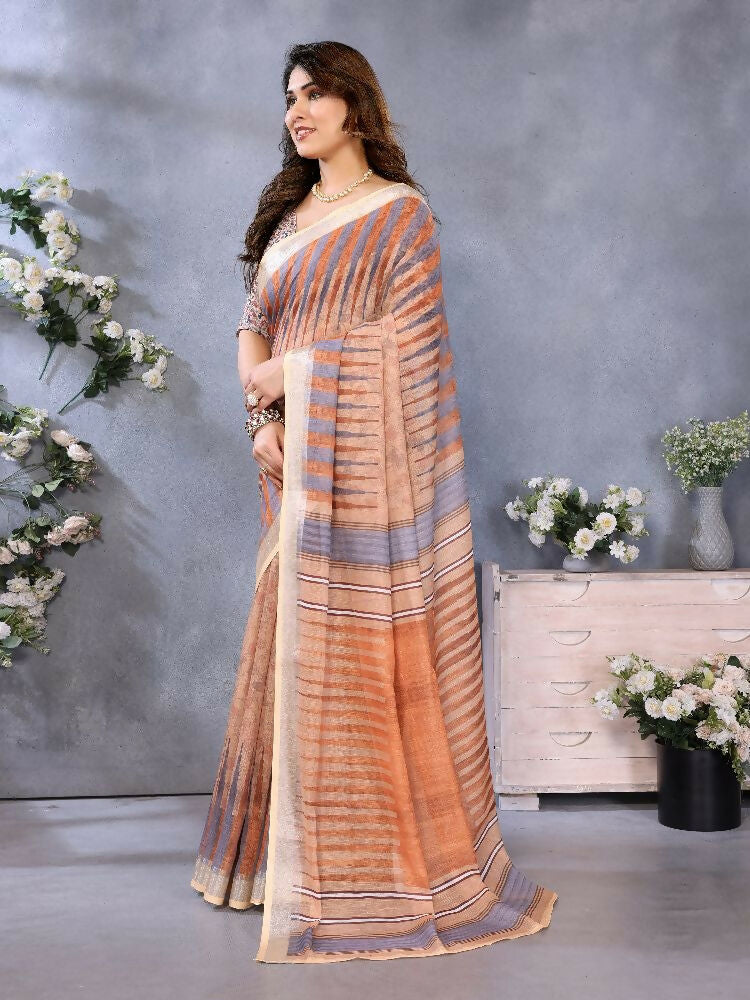 PR Fashion Brown Handloom Linen Cotton Saree
