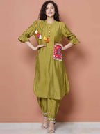 Women Republic Green Art Silk Embroidered Kurta with Afghani Salwar - Distacart