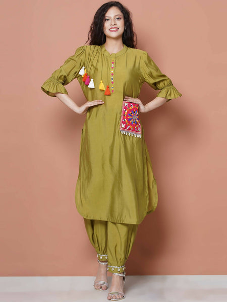 Women Republic Green Art Silk Embroidered Kurta with Afghani Salwar