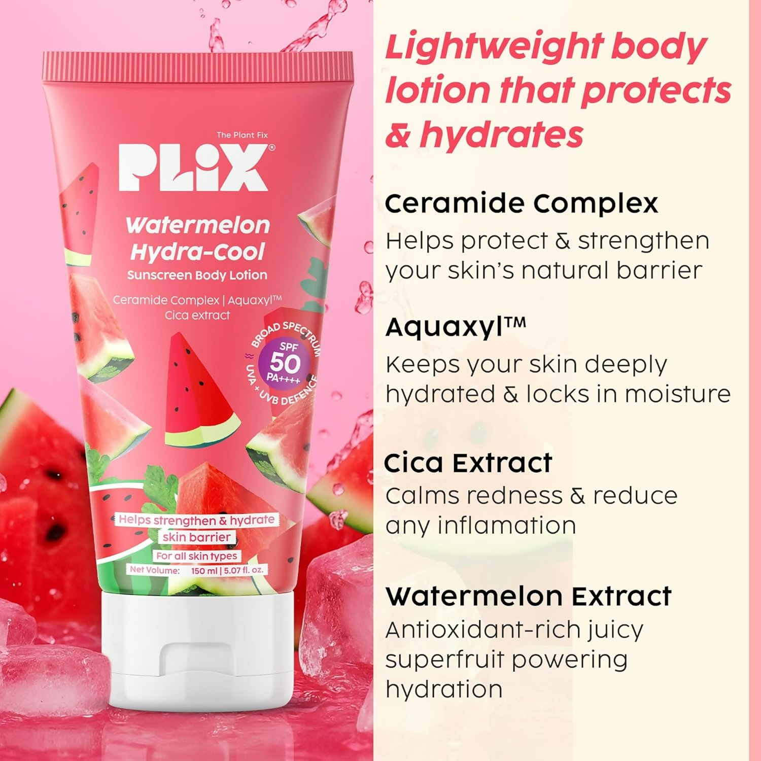 PLIX The Plant Fix Watermelon Hydra-Cool Sunscreen Body Lotion With Spf 50 Pa++++ - Distacart