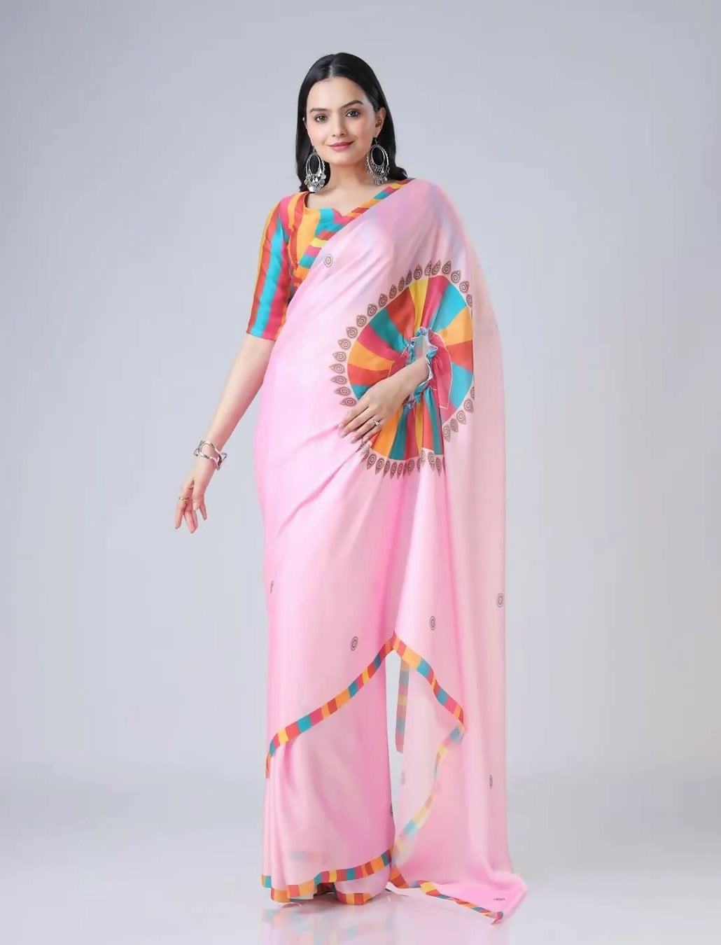 Vastranavya Baby Pink Ready to Wear Festive Print Free Hand Saree