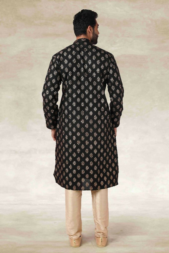 Raivat Ethnic Cotton Printed Work Kurta Pajama In Black Colour