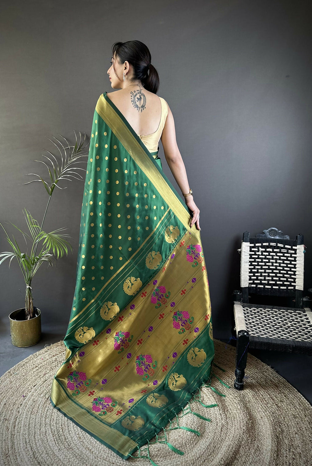 Joban Fashion Green Polka Dot Lichi Silk Paithani Silk Saree - Distacart