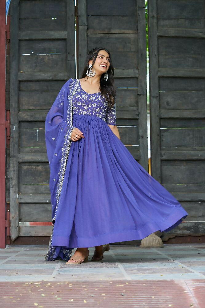 Joban Fashion Blue Readymade Kurta Set With Sequence embroidery Work - Distacart