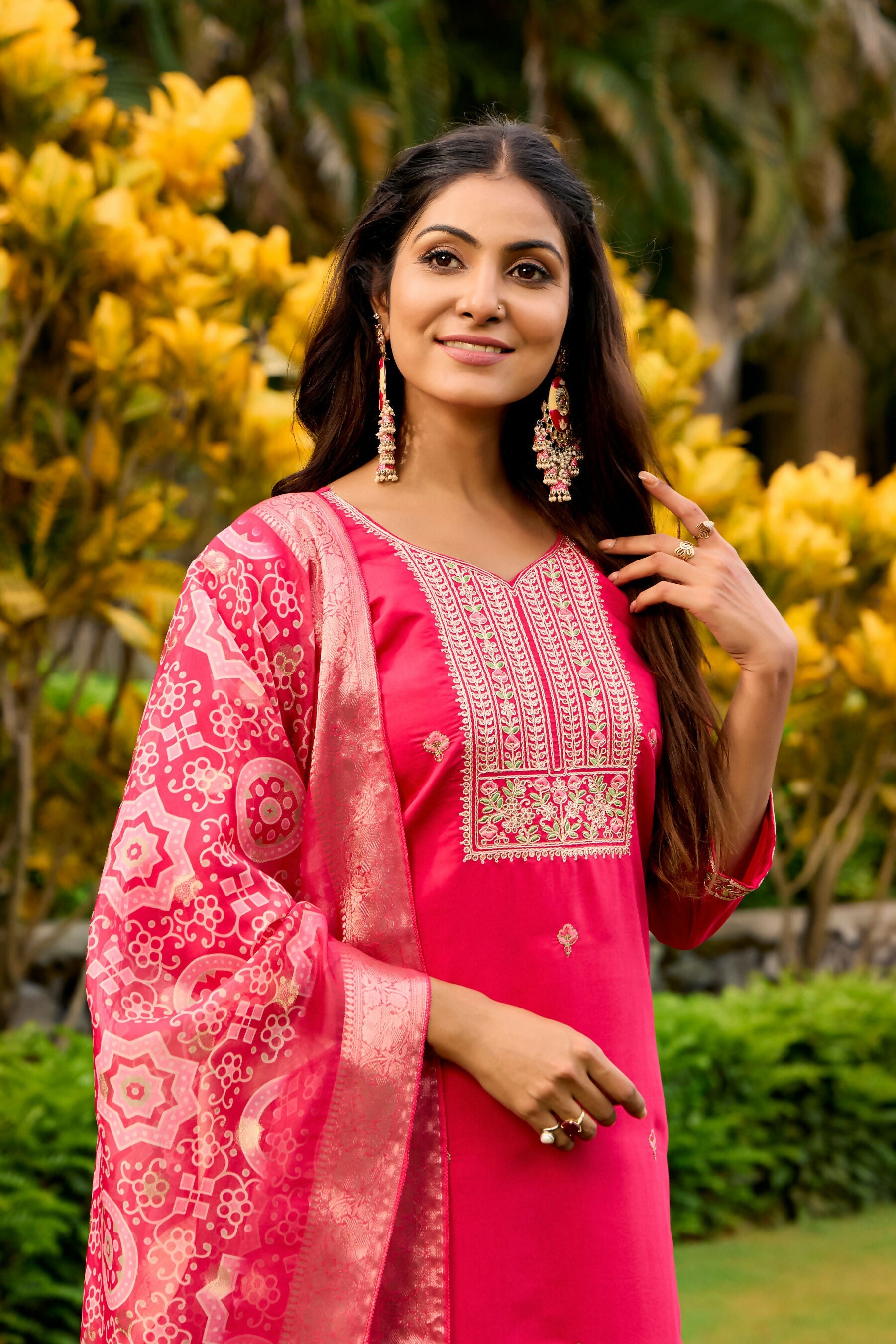 The52 Women's Beautiful Embroidery Work Roman Fabric Straight Kurta Pant and Dupatta Set - Distacart