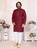 Anaita Maroon Silk Straight Kurta With Neck Mirror Work