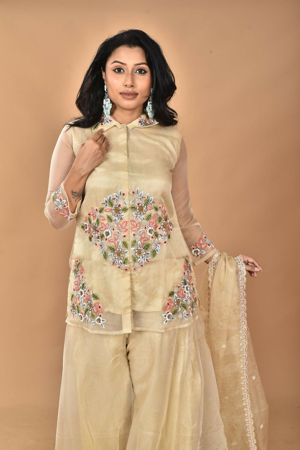 Morchari Women And Hand Embroidery Palazzo Set-Beige