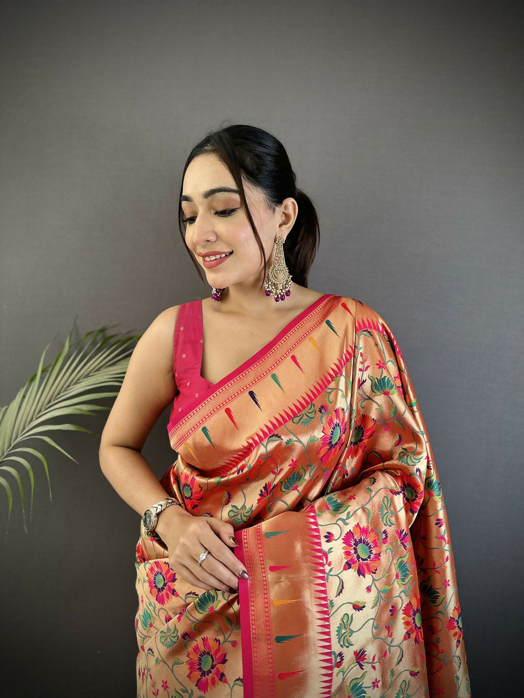 Joban Fashion Rani Pink Floral Vine Pattern Soft Silk Paithani Saree - Distacart