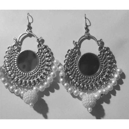 MS Fashion India Half Moon Oxidized White Pearls Silver Earrings
