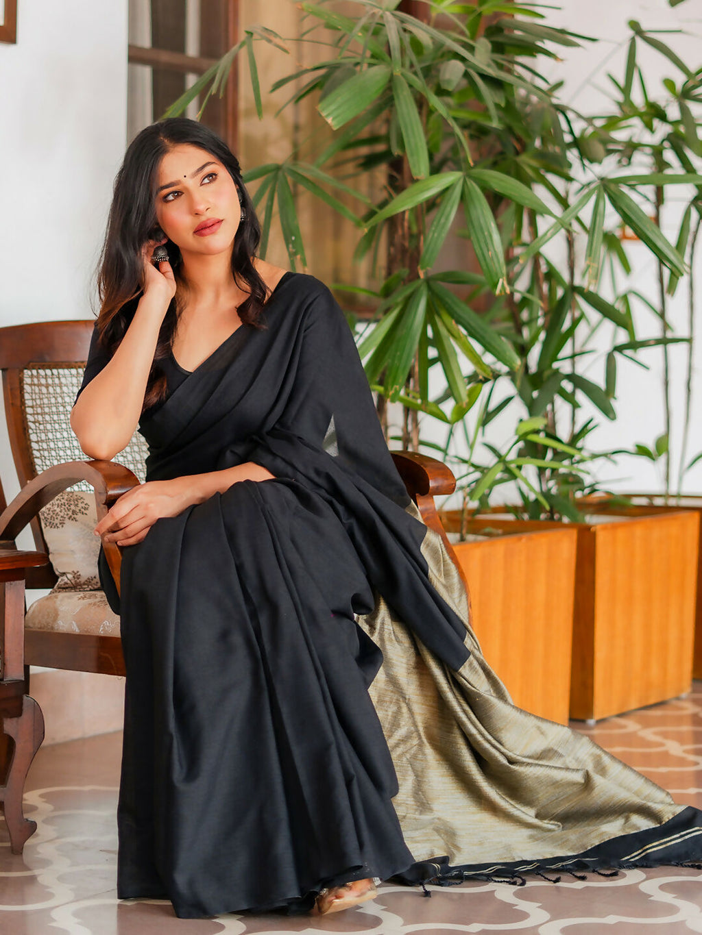 Zibaa Black & Gold Mul Cotton Saree - Distacart