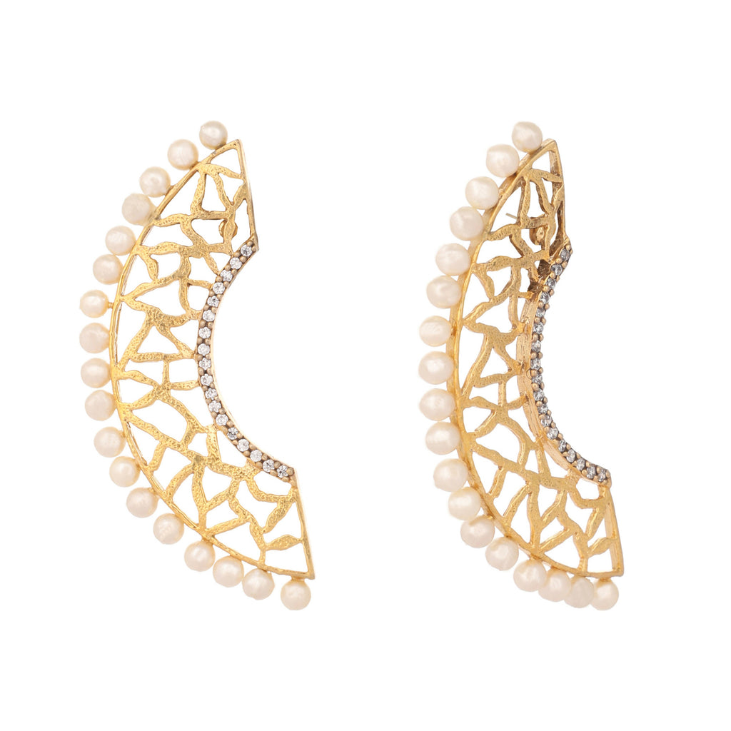 Nuyug 22K Gold-Plated Zircon Studded & Pearl Beaded Contemporary Shaped Statement Stud Earrings - Distacart