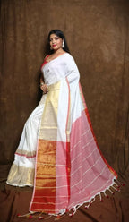 Exclusive Collection White Red Pure Cotton Handloom Gorgeous Saree