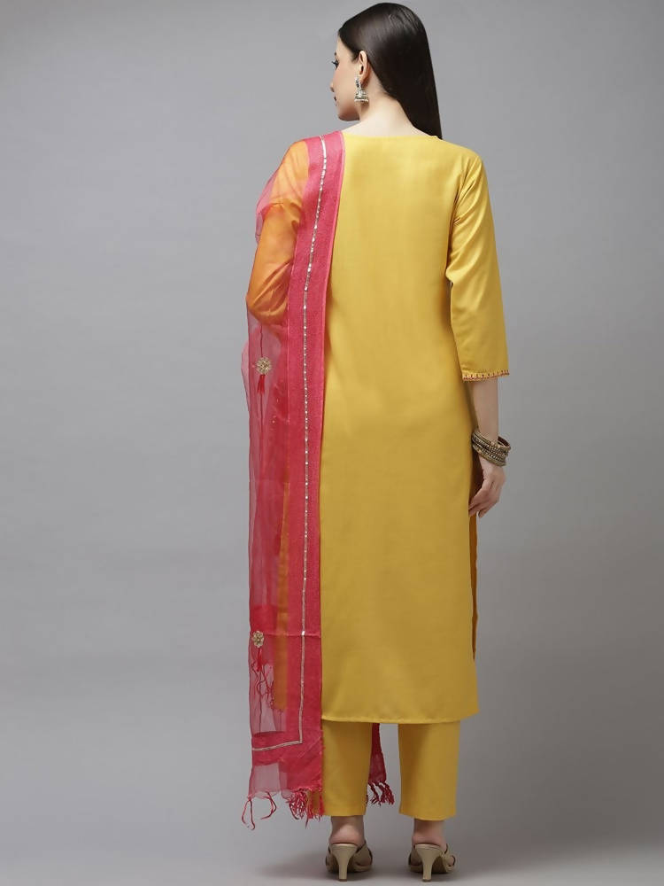 Yufta Women Mustard Yellow Layered Thread Work Kurta with Trouser and Dupatta