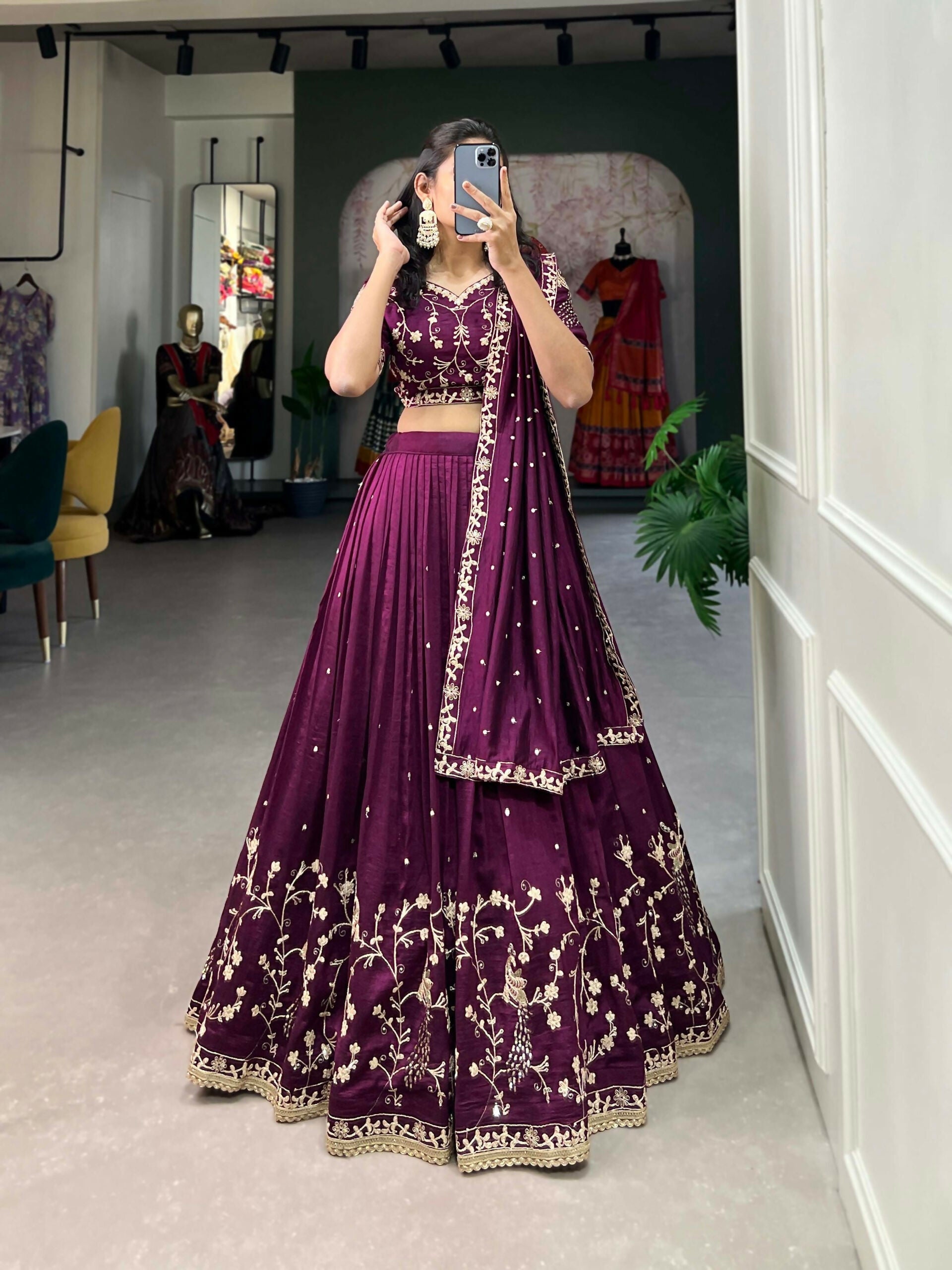 Vastranavya Vichitra Silk Sequins And Thread Embroidery Work Lehenga Choli - Wine