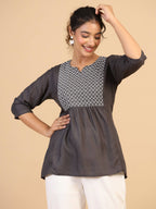 Womens Grey Rayon Yoke Embroidered Top - Keeva
