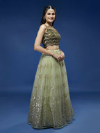 House of Panchhi Lime Green Net Embroideried Round Sequins Lehenga