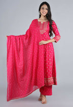 Alvano Alvano Beautiful Printed Kurti with Palazzo and Dupatta for women's and Girls (Pink)