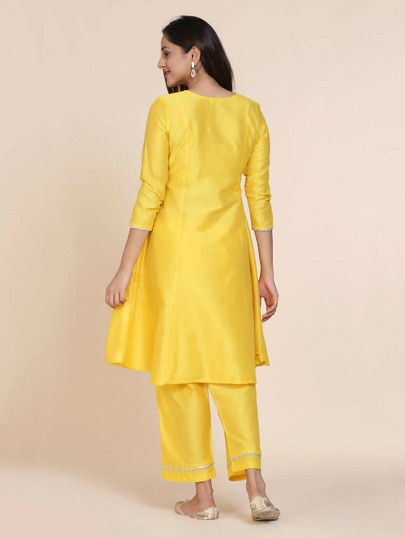 Cheera Women's Yellow Silk Blend With Gota Work Frock Dress With Silk Straight Pant Set
