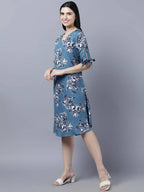 Myshka Women Teal Blue Grey Printed A-line Dress - Distacart