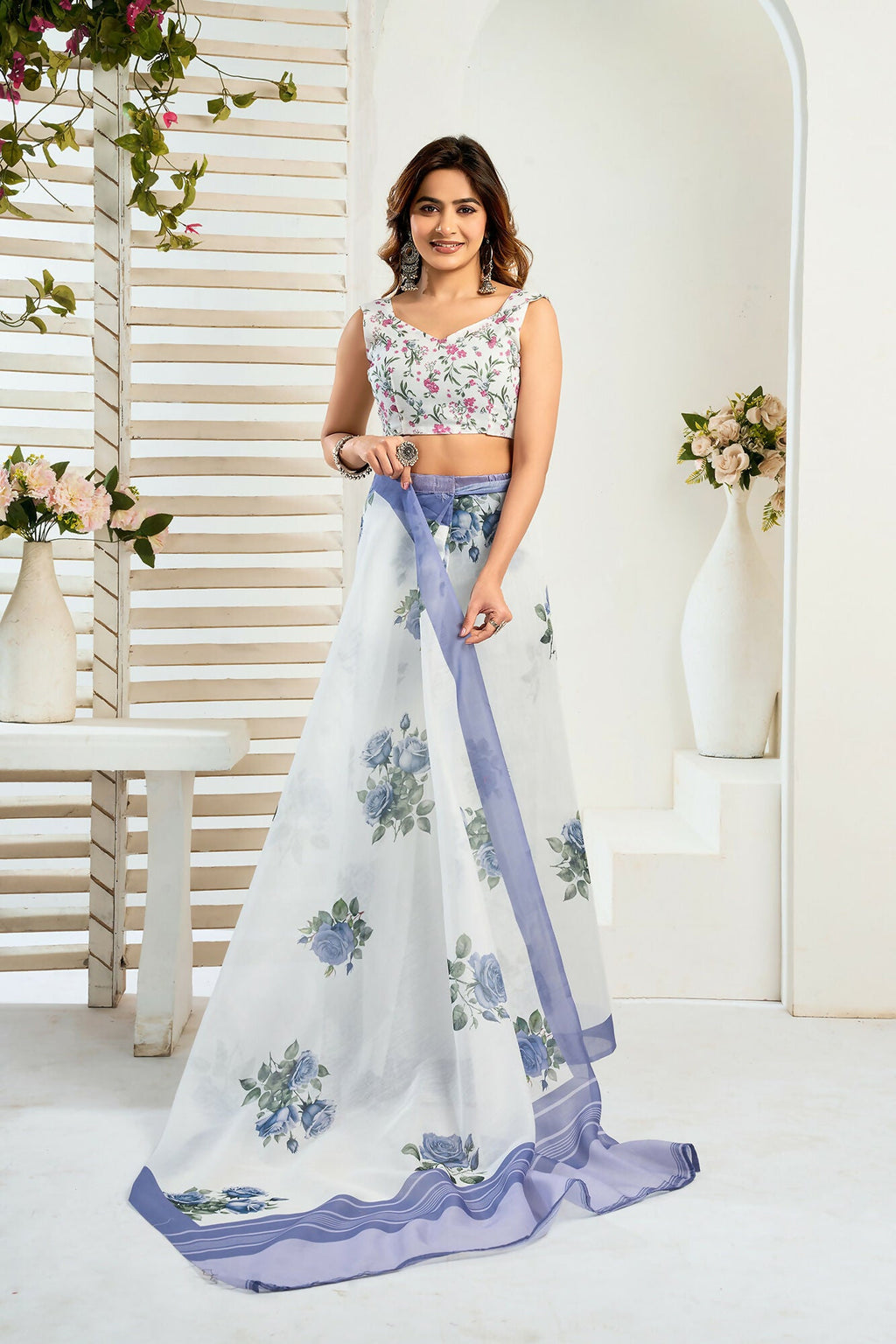 Vastranavya Blue Digital Printed Linen Ready To Wear Designer Saree with Unstitched Blouse - Distacart