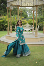 Vastranavya Premium Designer Printed With Sequins & Thread Embroidered work Kurti Palazzo & Dupatta - Firozi