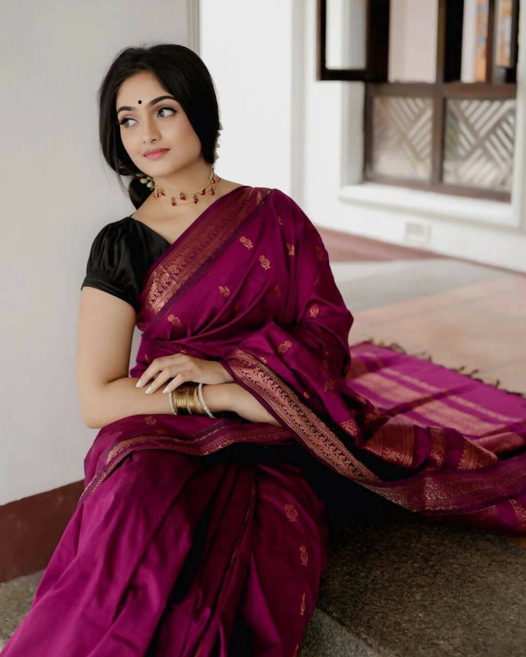 DEIANA'S Beautiful Designer Golden zari Soft Lichi Silk Saree - Wine