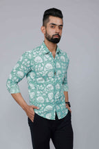 Miravan Men's Cotton Green Floral Printed Slim Fit Shirt