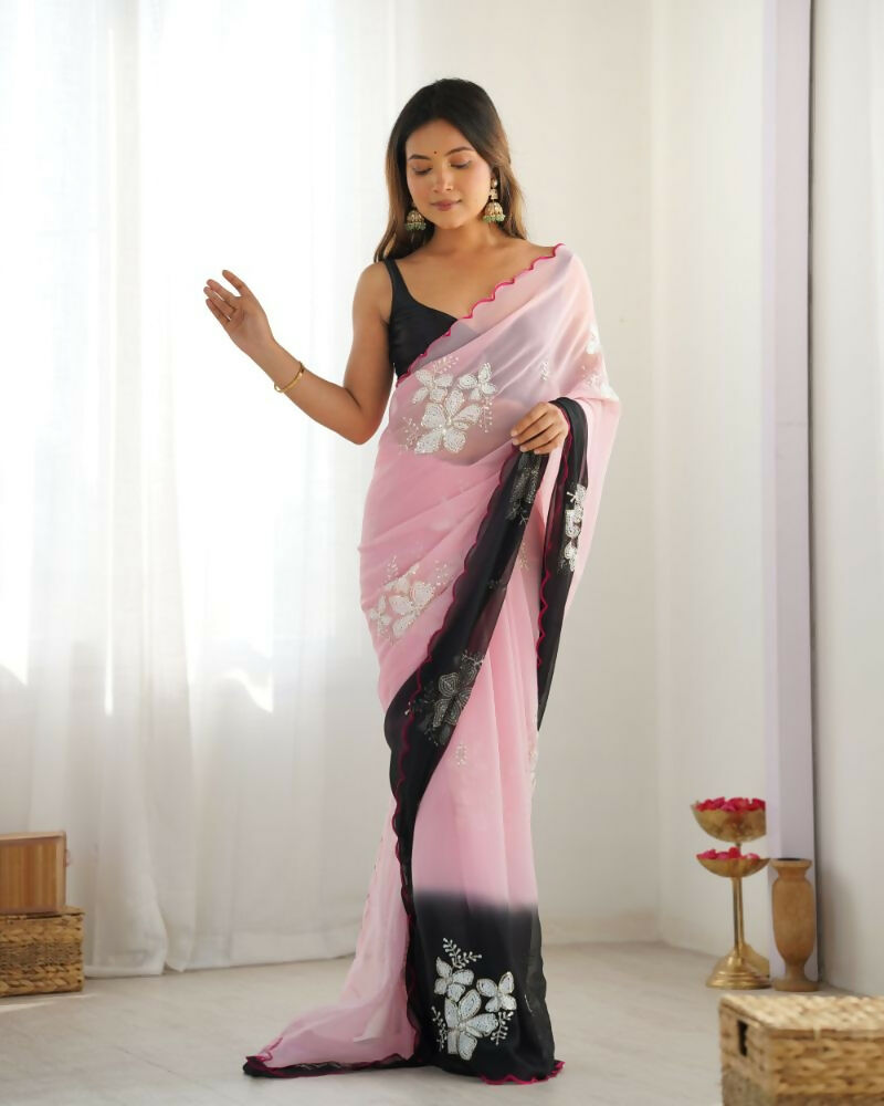 Georgette Pedding Color, Embroidery Work Party Wear Pink Saree - Erisha