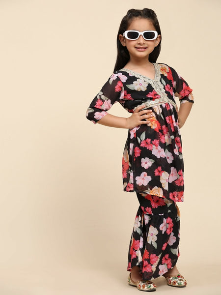 Alakhi Studio Girls Floral Georgette Printed V-Neck Kurta With Sharara - Black