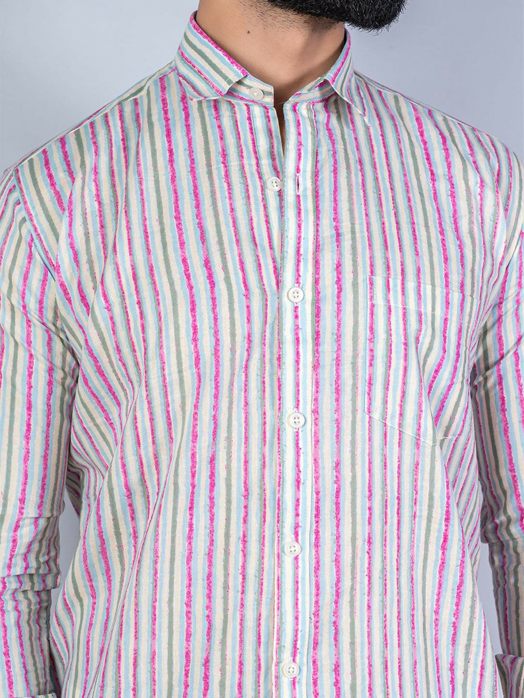 Miravan Men's Regular Fit Multi Stripe Cotton Button Down Full Sleeve Slim Fit Shirt