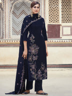 Jyoti Fashion Women's Navy Blue Velvet Resham Thread with Jari & Sequin Kurta with Trouser & Dupatta